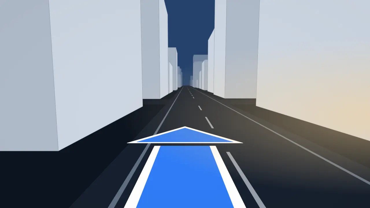 運転席の目線の3D。青い矢印が道の先へ続いている